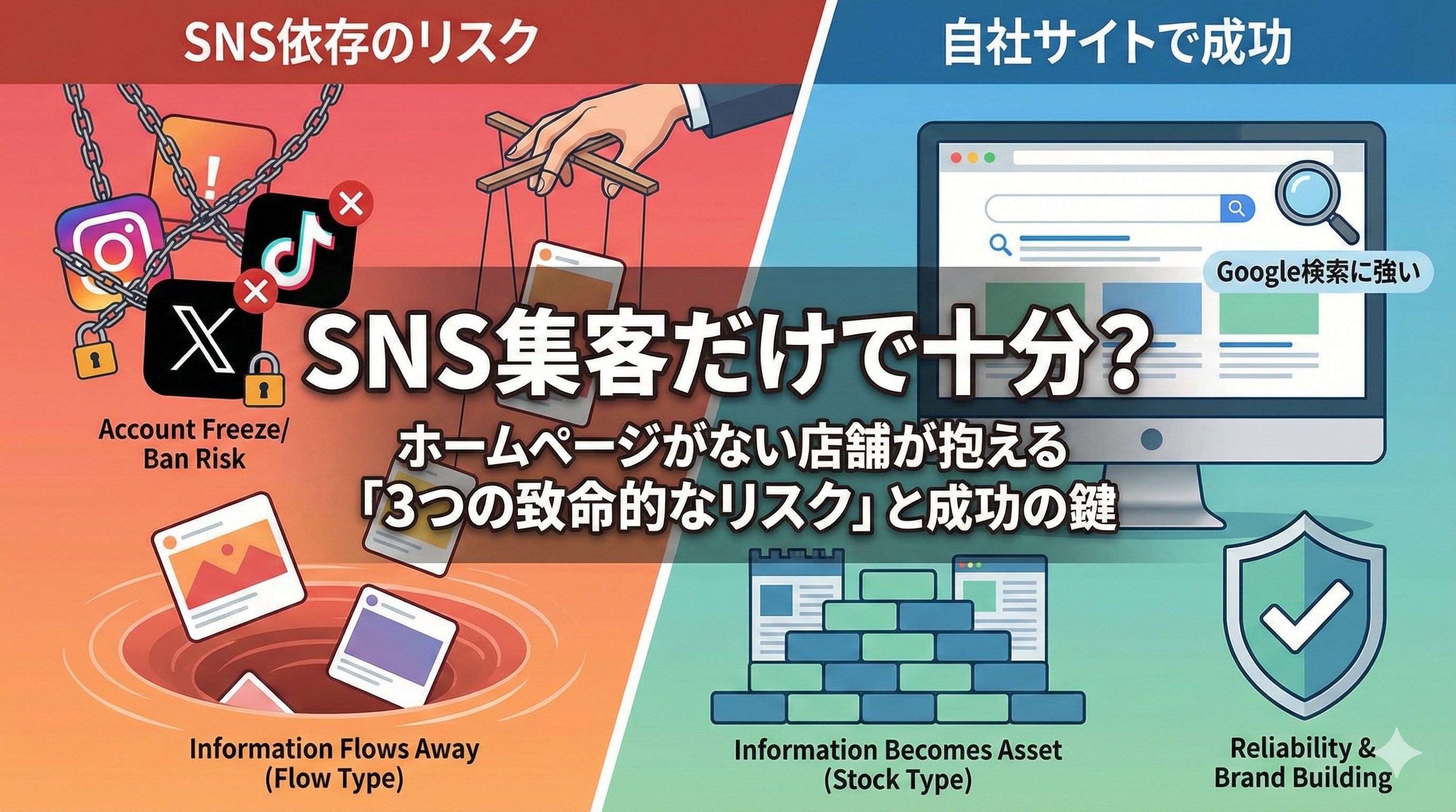 SNS集客の限界とホームページがない店舗が抱える3つの致命的なリスク、成功の鍵を解説するアイキャッチ画像